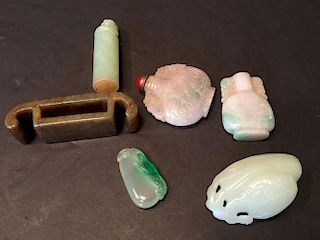 OLD Chinese Jade stamp, pendant, snuff bottles and Sword Rest. Largest 3 1/4" long