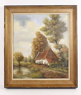 "Country Cottage", Oil on Canvas, 19th/20th C.