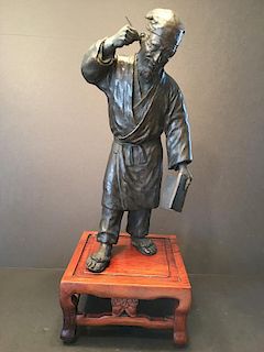 ANTIQUE Chinese Huge Bronze Figurine of Man, 19th Century, figure itself 17" high, stand 7 3/4" x 7 3/4" x 4" H