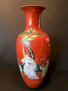 ANTIQUE Chinese Famille Rose Vase with figurines. Late 19th Century. Marked on the bottom, Drilled and repaired
