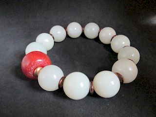 OLD Chinese White Jade Bracelet with 12 Beads with Agate bead (dia 1.8 cm),   jade bead dia. 1.6 cm