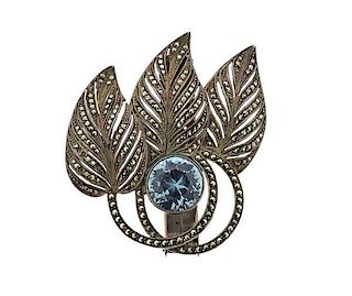1920s German Sterling Marcasite Blue Stone Clip