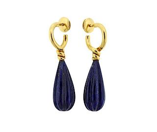 Antique 18K Gold Carved Blue Stone Earrings