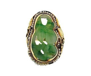 Antique 14K Gold Carved Jade Seed Pearl Ring