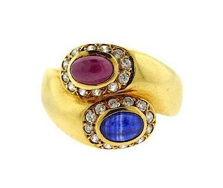 18K Gold Diamond Red Blue Stone Bypass Ring