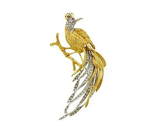 18k Gold Diamond Peacock Brooch Pin