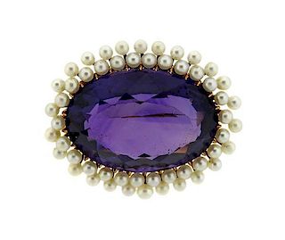 14K Gold Pearl Purple Stone Brooch Pin