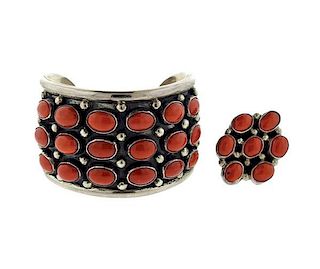 Sterling Silver Red Stone Cuff Bracelet Ring Set