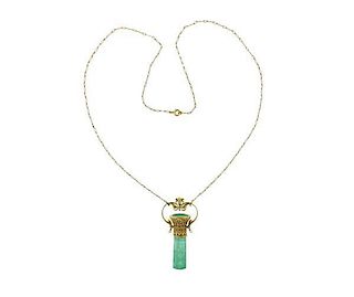 14k Gold Carved Green Stone Fob Pendant Necklace
