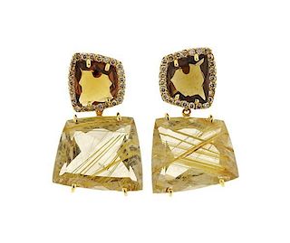 18k Gold Diamond Rutilated Quartz Brown Stone Earrings