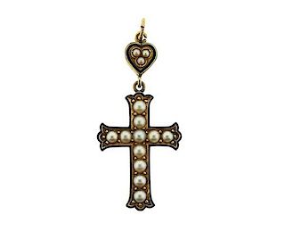 Antique 14K Gold Pearl Enamel Cross Pendant