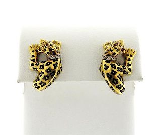 18K Gold Diamond Red Stone Enamel Leopard Earrings