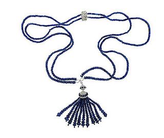 18K Gold Diamond Blue Sapphire Tassel Necklace