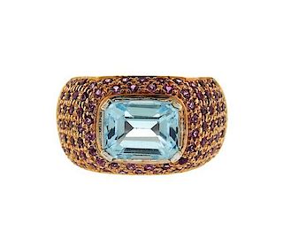 18K Gold Blue Pink Stone Wide Band Ring