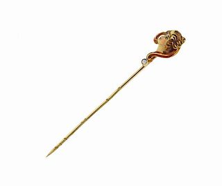 Art Nouveau 14K Gold Diamond Enamel Stick Pin