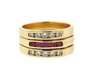 14K Gold Diamond Ruby Triple Band Ring
