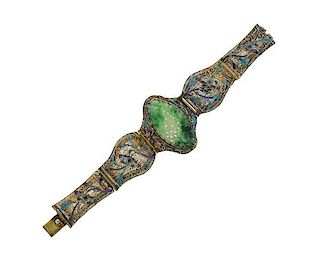 Chinese Silver Carved Jade Enamel Filigree Bracelet