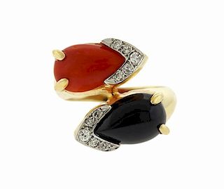 14K Gold Diamond Coral Onyx Bypass Ring
