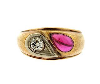 Retro 10K Gold Diamond Pink Stone Ring