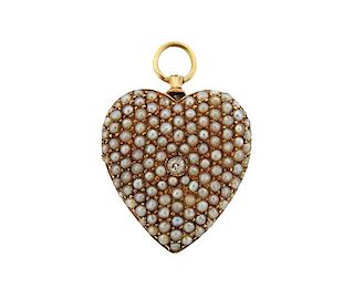 Antique 14k Gold Diamond Pearl Heart Brooch Pendant