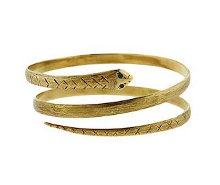 14K Gold Green Stone Snake Bracelet