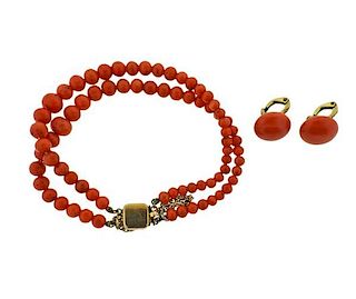 Antique Coral Bracelet and Earrings