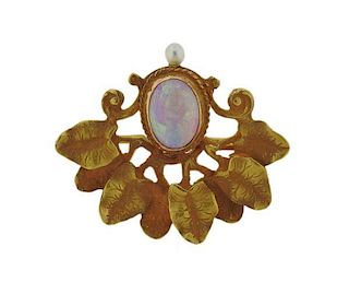 Art Nouveau 14k Gold Opal Pearl Brooch