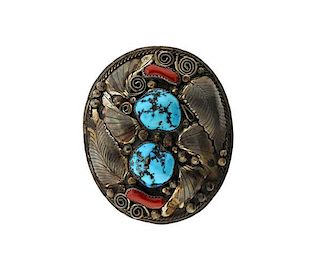 Frank Willie Native American Turquoise Coral Belt Buckle