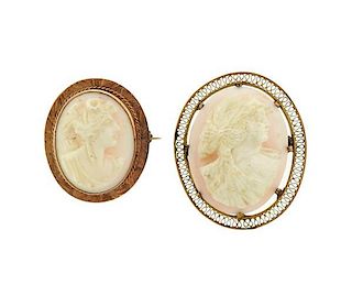 Antique 14k Gold Coral Cameo Brooch Lot of 2