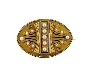 Antique 14k Gold Pearl Enamel Brooch Pendant