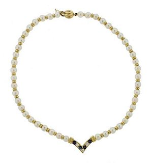 18k Gold Pearl Diamond Sapphire Necklace