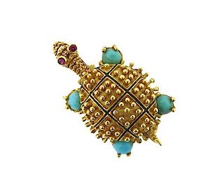 18K Gold Blue Pink Stone Turtle Brooch Pin