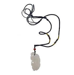 GIA Carved Nephrite Jade Pendant Cord Necklace