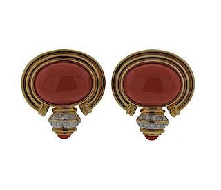 18K Gold Diamond Red Stone Earrings