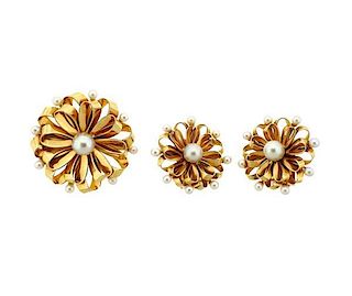 Retro Pearl 18k Gold Brooch and Earrings Set