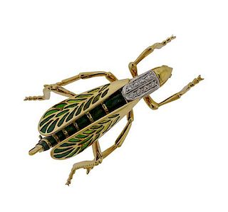 18k Gold Diamond Enamel Insect Brooch Pin