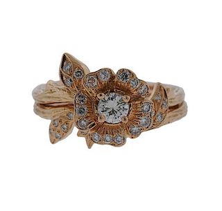 18k Rose Gold Diamond Flower Engagement Wedding Ring Set