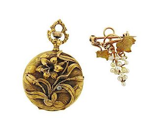 Art Nouveau 14k Gold Diamond Lapel Pocket Watch Brooch