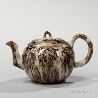 Brown Tortoiseshell-glazed Cream-colored Earthenware Teapot and Cover