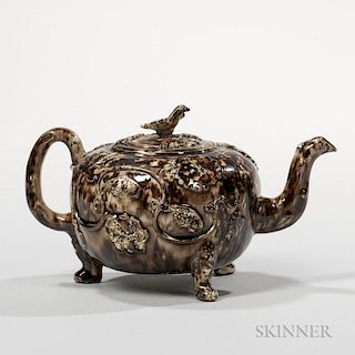 Staffordshire Brown Tortoiseshell-glazed Cream-colored Earthenware Teapot and Cover