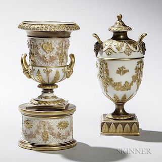 Two Wedgwood Gilded and Bronzed Queen's Ware Vases and Covers