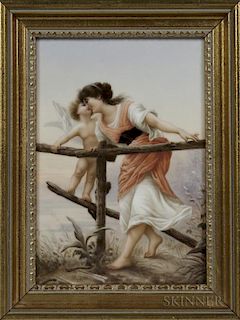 Continental Porcelain Plaque Depicting a Maiden and Putti