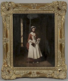 Continental School, 19th Century      Maid Lighting a Candle in a Dark Hall