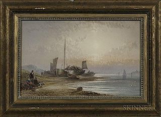 Copley Fielding (British, 1787-1855)      Hartlepool / Fisherfolk on the Beach at Dusk
