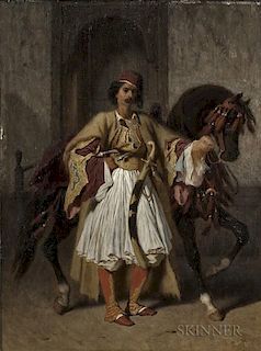 French School, 19th Century      Orientalist Portrait/An Ottoman Soldier with His Horse
