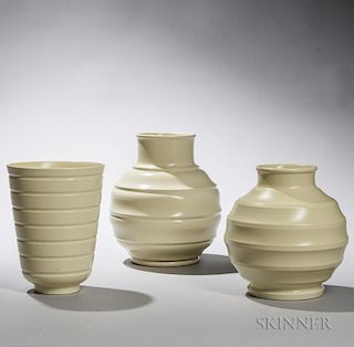 Three Wedgwood Keith Murray Design Straw-glazed Vases