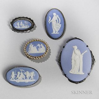Five Solid Light Blue Jasper Mounted Brooches