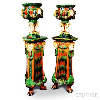 Pair of Modern Majolica Pedestals and Figural Urns