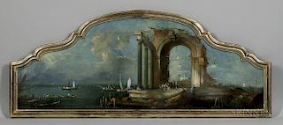Italian School, 18th Century Style      Overmantel Capriccio Landscape with Vessels and Ruins in a Serpentine Crest Frame