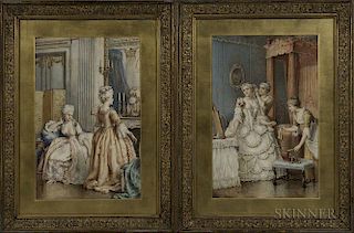 Gustavus Arthur Bouvier (British, fl. 1866-1884)      Two Elegant Interior Scenes:  Finishing the Toilette